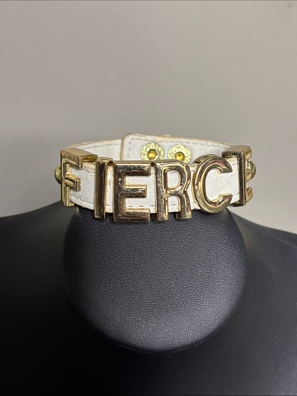 BCBGeneration White Leather Bracelet Edgy Rocker Chic Gold 'FIERCE' Letters
